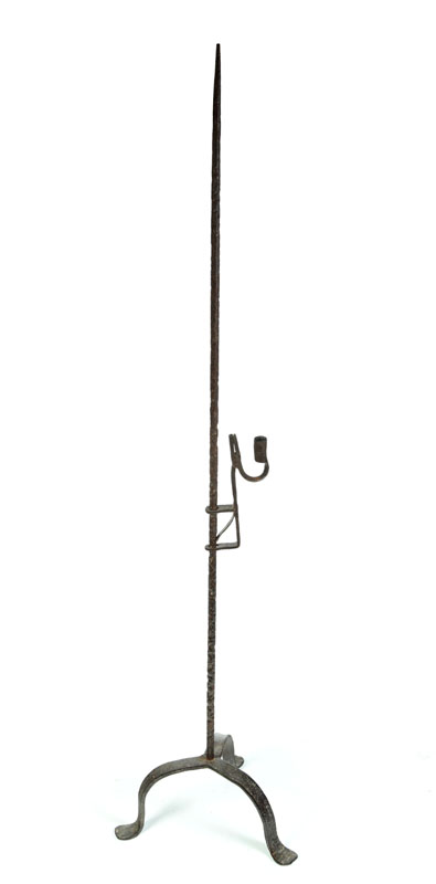 Appraisal: WROUGHT-IRON LIGHTING STAND American th century Floor-standing rushlight holder with