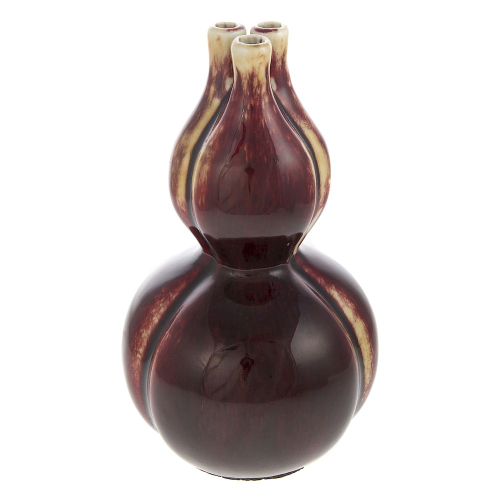 Appraisal: Chinese Flambe Three-Mouthed Double Gourd Vase Deep ruby-red and tan