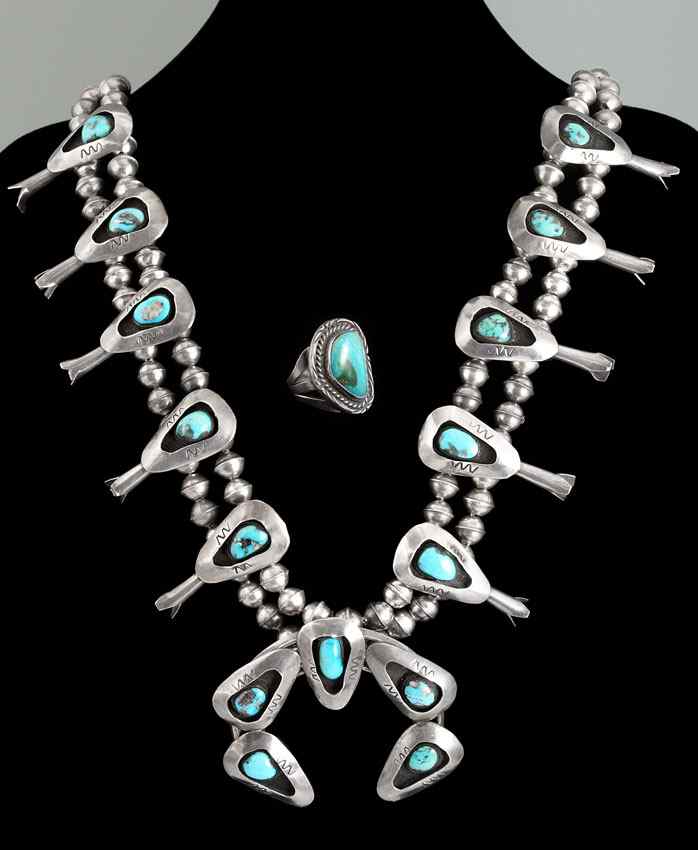 Appraisal: NATIVE AMERICAN SILVER AND TURQUOISE JEWELRY Squash blossom necklace signed