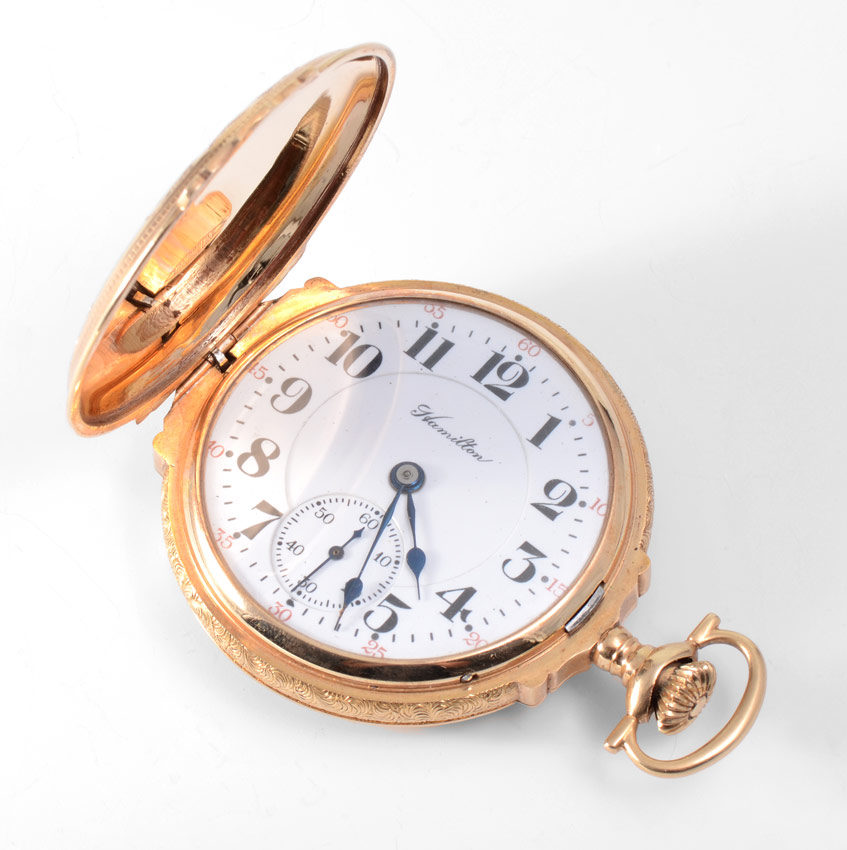 Appraisal: K MULTI COLOR GOLD HAMILTON HUNTER CASE POCKET WATCH Circa