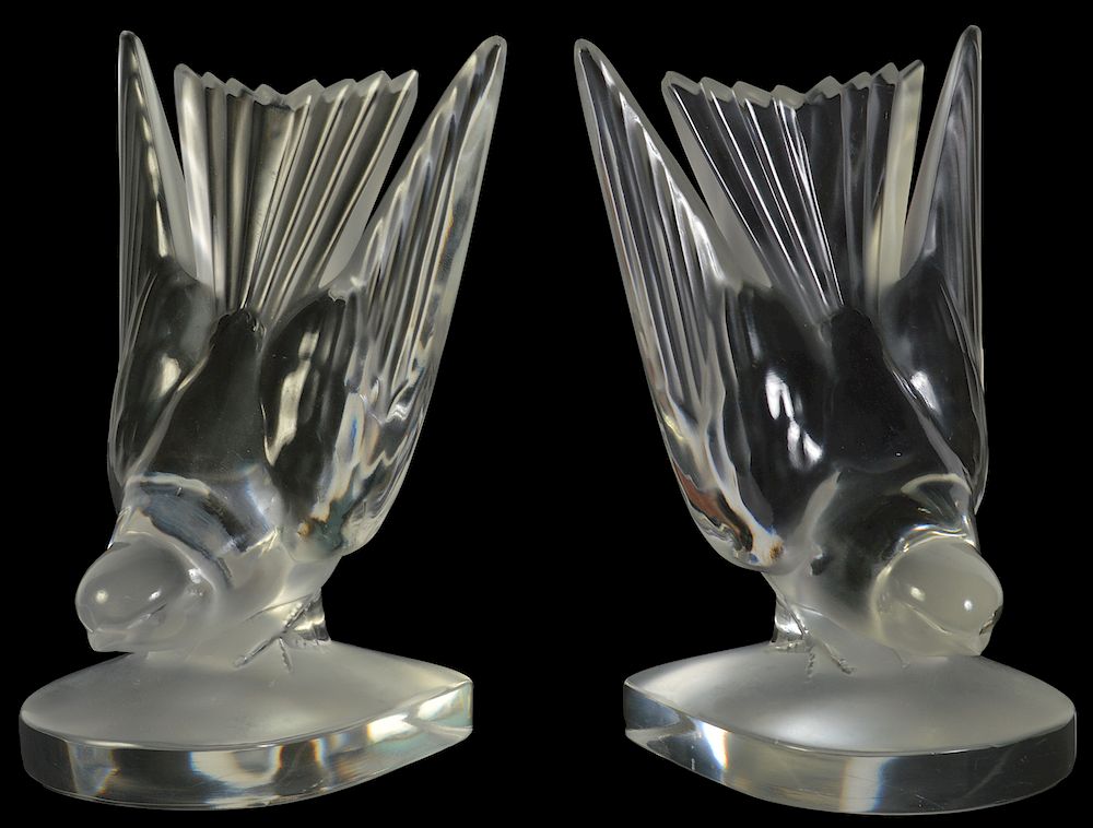 Appraisal: Pr Lalique Crystal Hirondelle Swallow Bookends Clear frosted Lalique bird