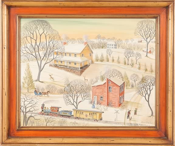 Appraisal: Winter landscape with U S Mail train oil on board