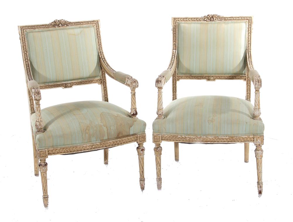 Appraisal: Pair Louis XVI style painted fauteuils square back and carved