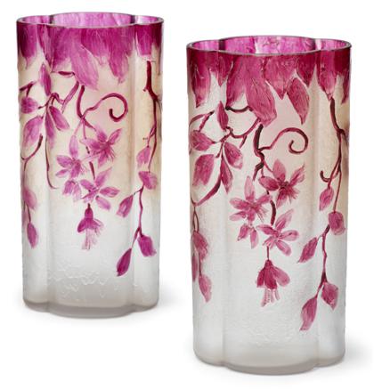 Appraisal: Pair of French Legras pink painted glass vasessigned legras