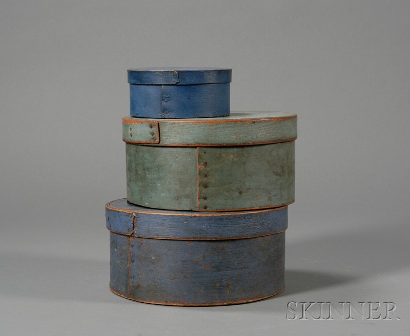 Appraisal: Three Round Wooden Blue-painted Lapped-seam Covered Pantry Boxes America th