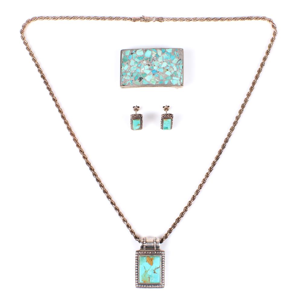 Appraisal: STERLING SILVER AND TURQUOISE STONE PC GROUP PENDANT NECKLACE AND