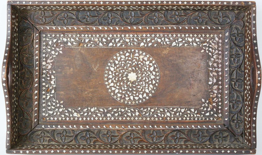 Appraisal: Vintage Carved Moroccan Inlaid Serving Tray Vintage Carved Moroccan Inlaid