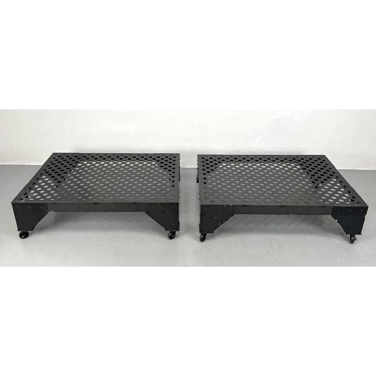 Appraisal: Pair Large Industrial Steel Tables Large coffee tables on wheels