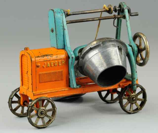 Appraisal: LARGE JAEGER CONCRETE MIXER Kenton cast iron painted orange overall