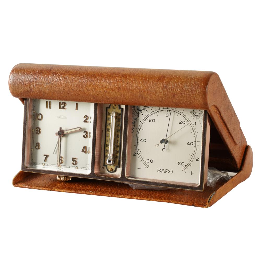 Appraisal: ANGELUS TRAVEL CLOCK BAROMETERwith thermometer in hinged leather case Provenance