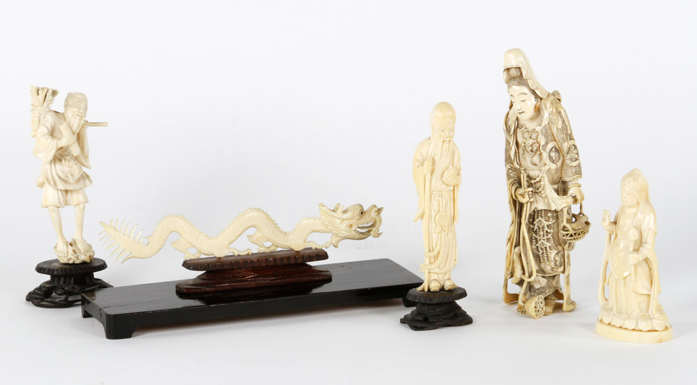 Appraisal: - Carved Ivory Items Five Asian carved ivory items in