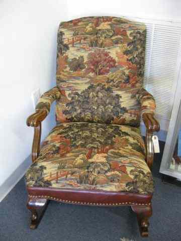 Appraisal: Rocker carved wood with landscapebrocade fabric