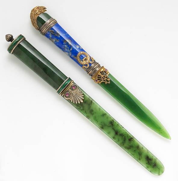 Appraisal: Two nephrite lapis lazuli enamel and silver desk knives lengths