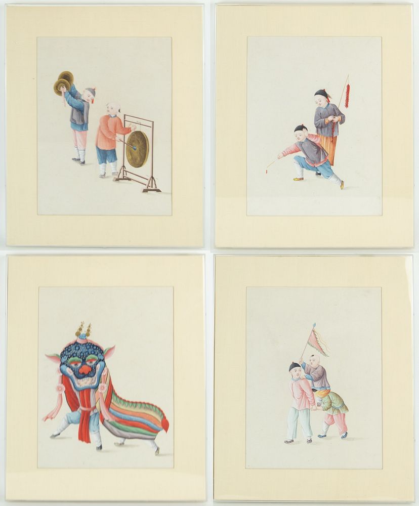 Appraisal: Four Chinese Export Paintings of Boys Playing Possibly Sunqua Studio