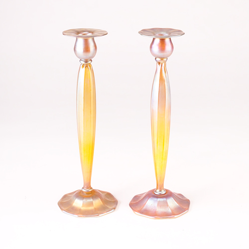 Appraisal: L C TIFFANY Rare pair of gold Favrile glass candlesticks