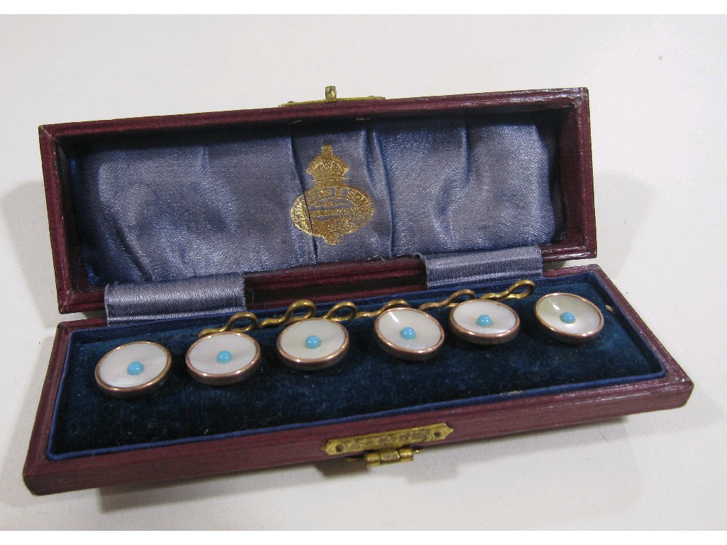 Appraisal: Boxed set of gilt metal MOP and turquoise buttons