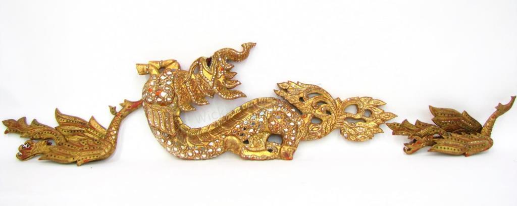 Appraisal: Three Balinese carvings elephant dragons wall-mount with painted finish and