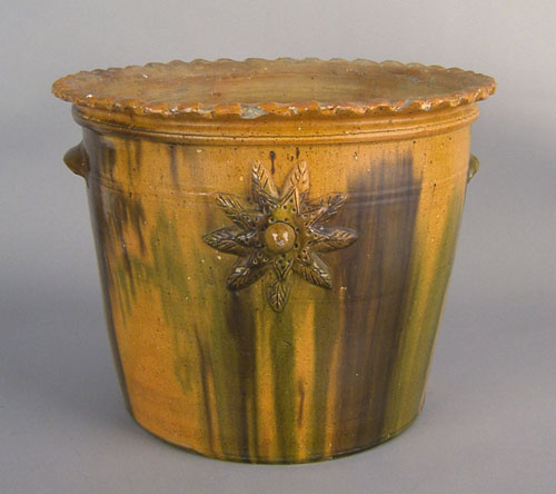 Appraisal: Large redware flower pot th c with applied floral pinwheel