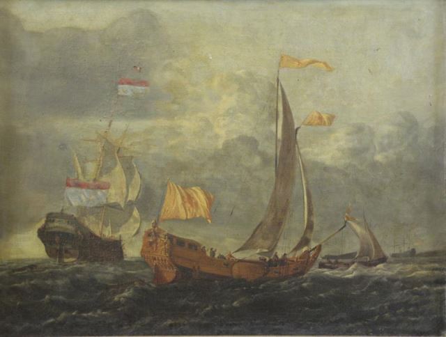 Appraisal: th th C Oil on Canvas Ships at Sea In