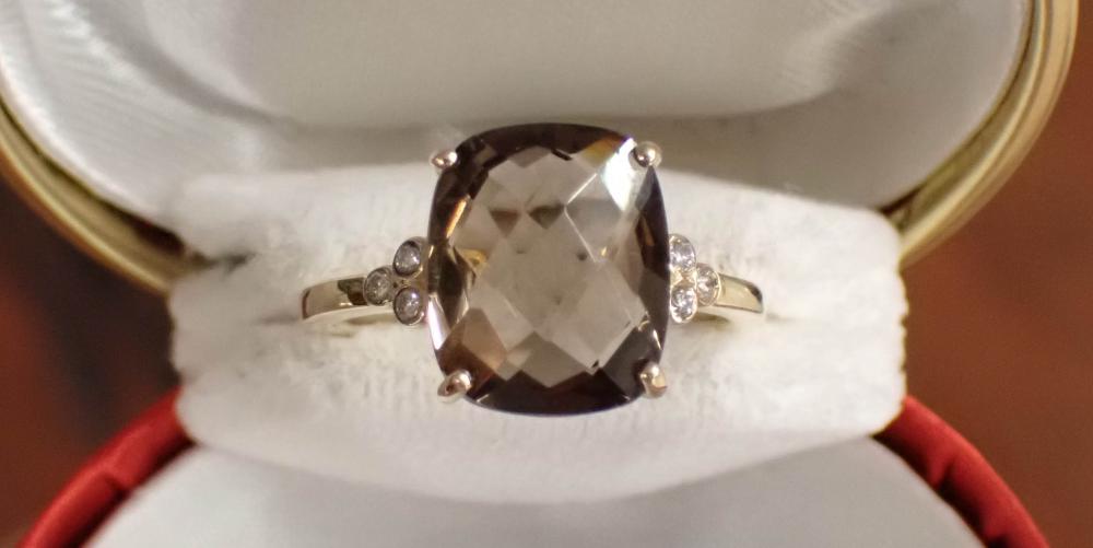 Appraisal: SMOKY QUARTZ DIAMOND AND FOURTEEN KARAT GOLD RING with three