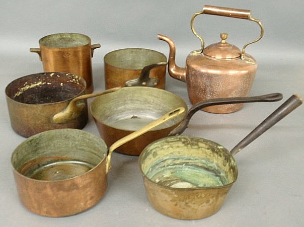 Appraisal: - Seven pieces of copper and or brass cookware incl