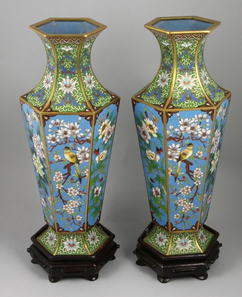 Appraisal: Pair of Chinese CloisonnT vases on wood stands x overall