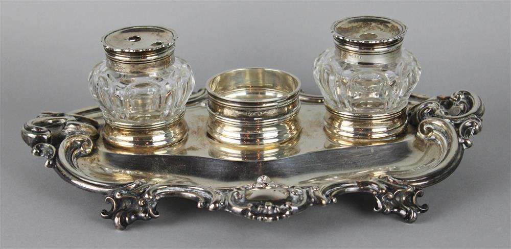 Appraisal: VICTORIAN SILVER AND GLASS INKSTAND fully marked Birmingham maker's mark