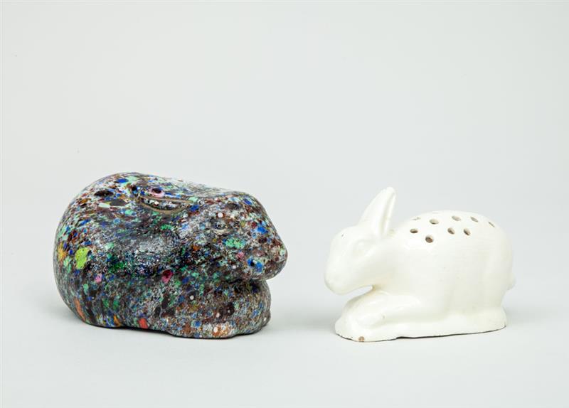 Appraisal: Ivory-Glazed Pottery Rabbit-Form Toothpick Holder and an End-of-the-Day Glass Rabbit