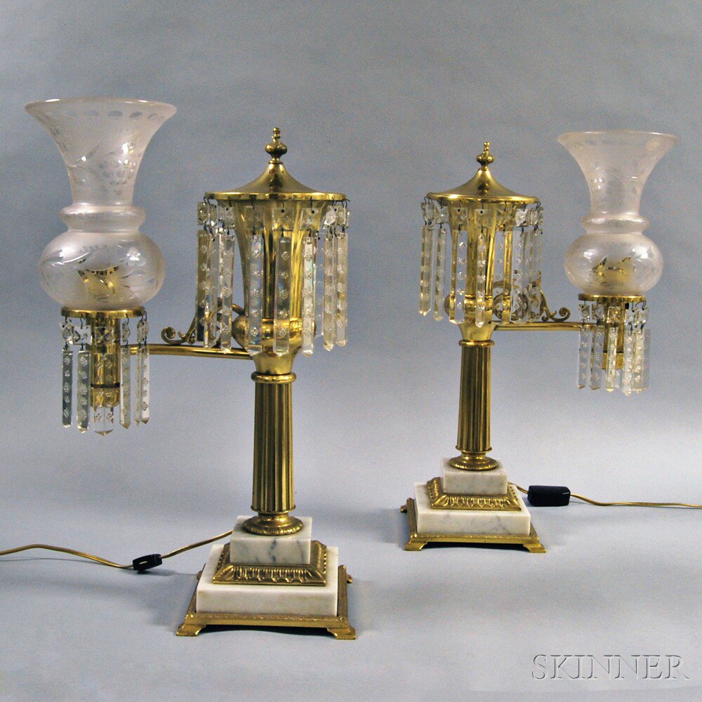 Appraisal: Pair of Brass and Frosted Glass Argand Lamps with urn-form