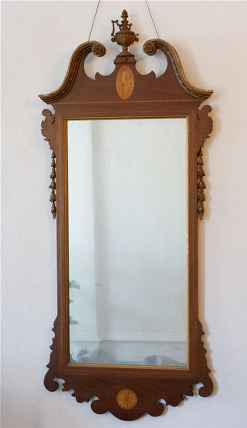 Appraisal: Inlaid mahogany Federal style wall mirror with gilt urn crest