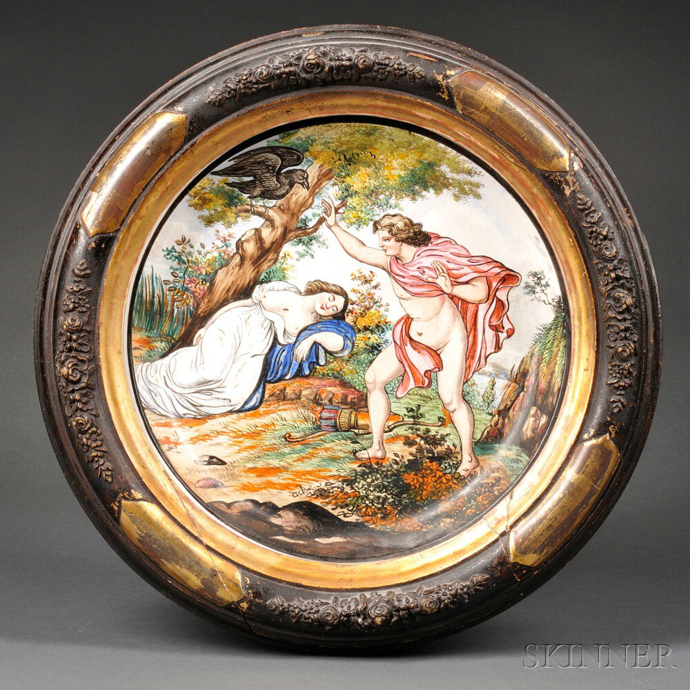 Appraisal: Hand-painted Porcelain Roundel Continental th century polychrome enamel decorated with