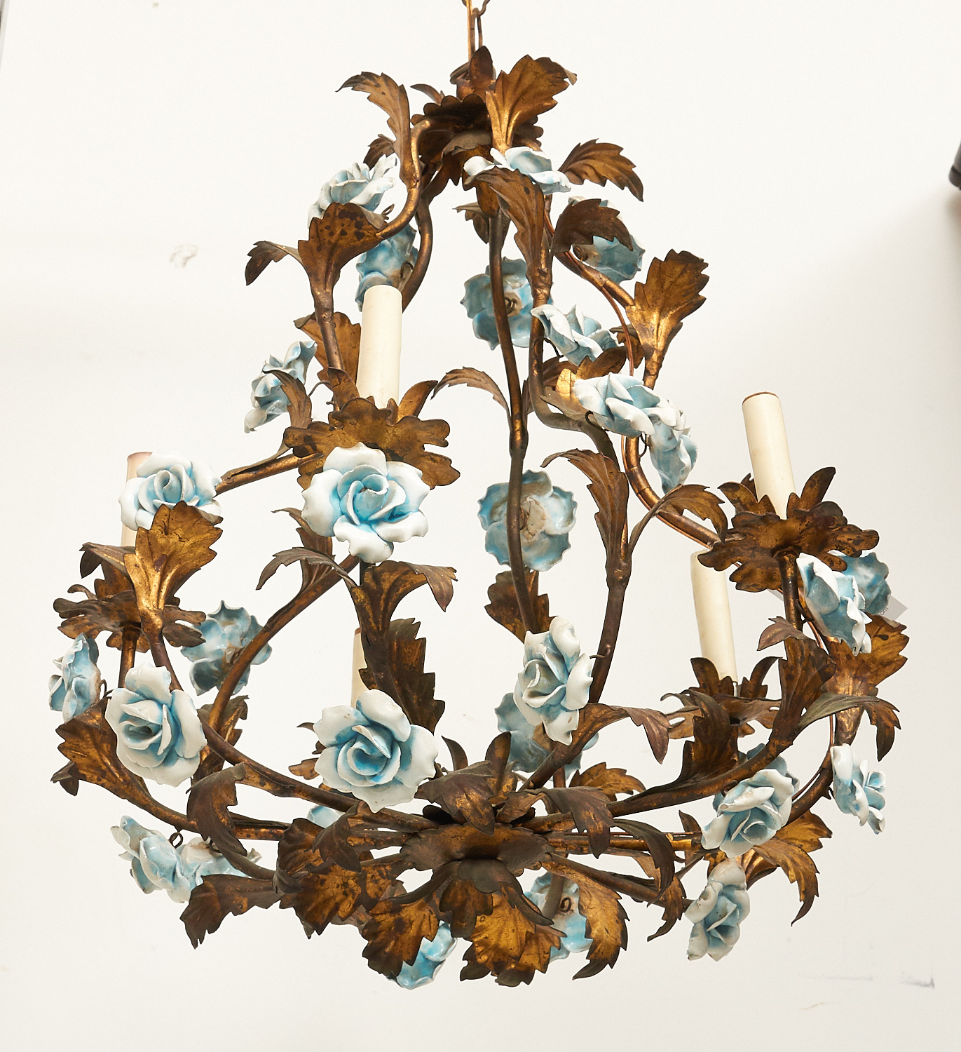 Appraisal: ITALIAN GILT METAL PORCELAIN ROSEBUSH CHANDELIER th c -light gilt