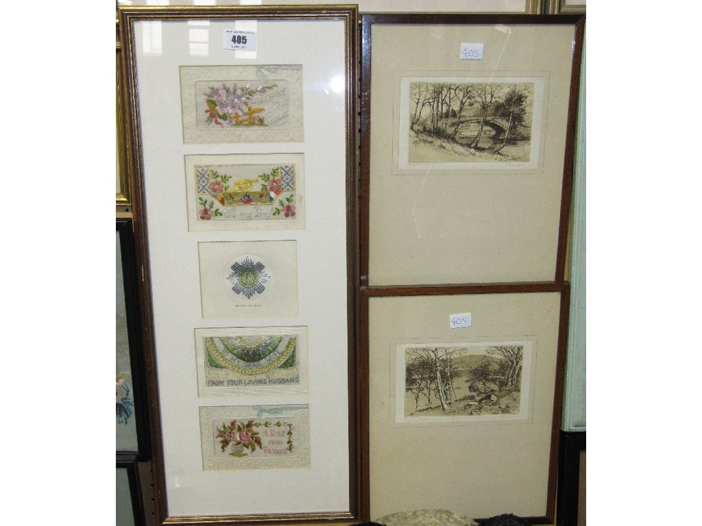 Appraisal: Lot comprising four framed military valentines and two framed etchings