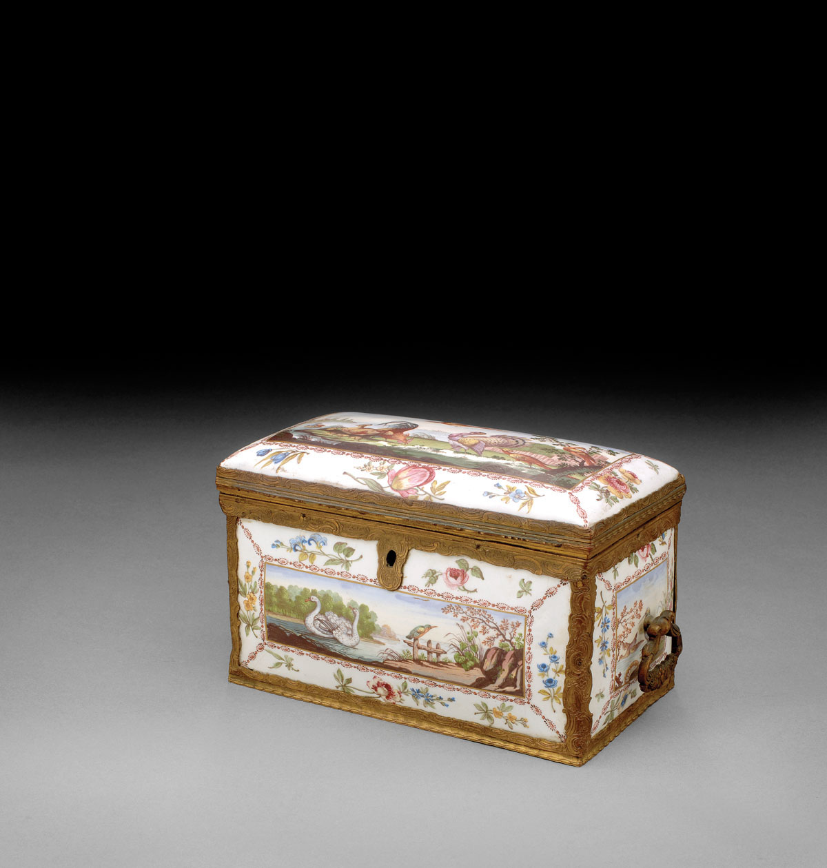 Appraisal: FRENCH ENAMEL ORNITHOLOGICAL RECTANGULAR CADDY BOX NINETEENTH CENTURY Th e