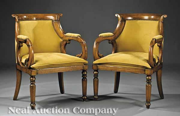 Appraisal: A Pair of William IV-Style Fruitwood Library Armchairs each with