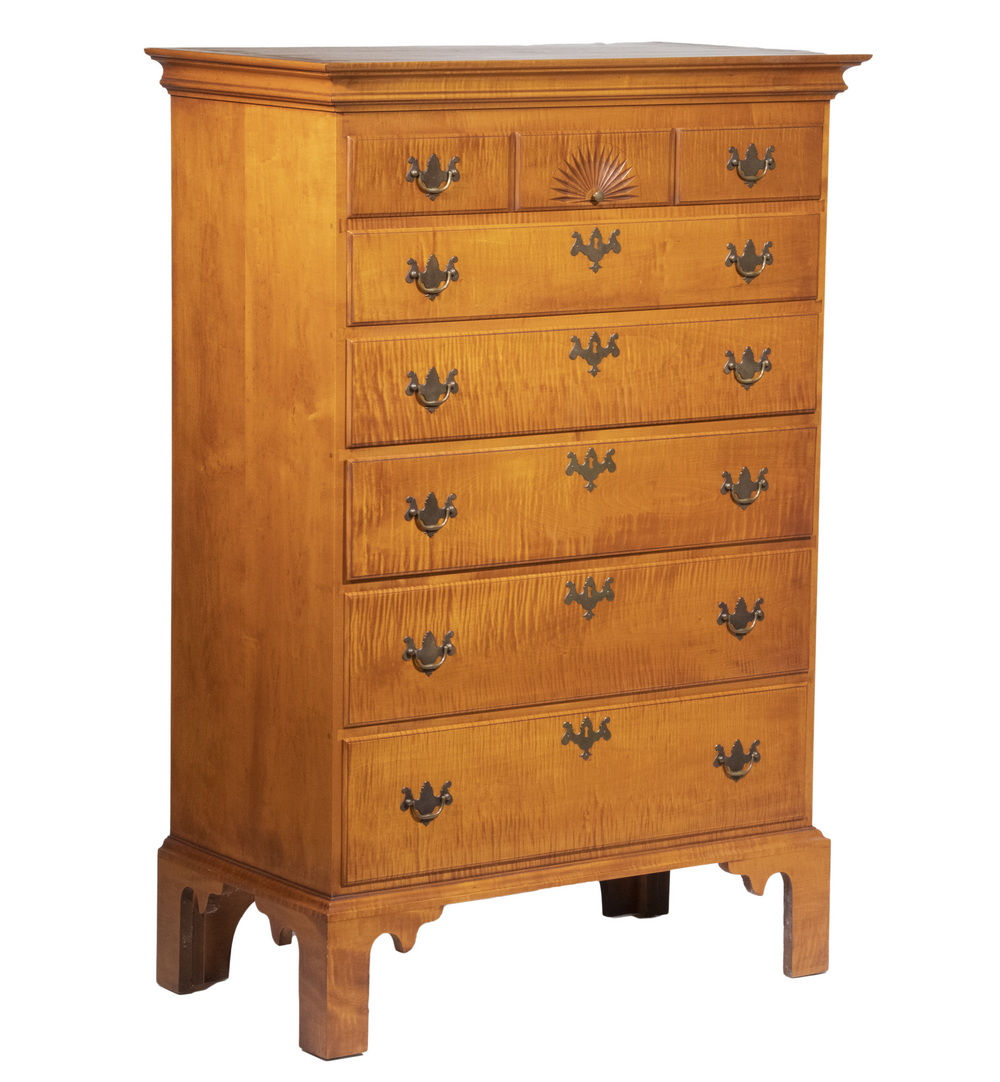 Appraisal: ELDRED WHEELER TIGER MAPLE CHEST Hand Crafted Chippendale Style Tall