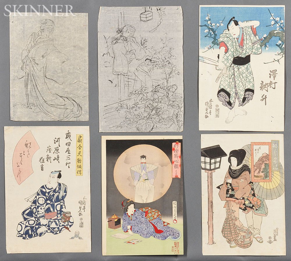 Appraisal: Ten Woodblock Prints and Two Ink Sketches Japan one by