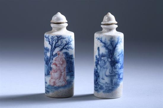 Appraisal: TWO CHINESE BLUE AND COPPER RED PORCELAIN SNUFF BOTTLES Cylindrical-form