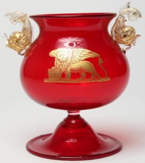 Appraisal: Salviati Murano Red Gilt Glass Pedestal Vase With gold-flecked dolphin-form