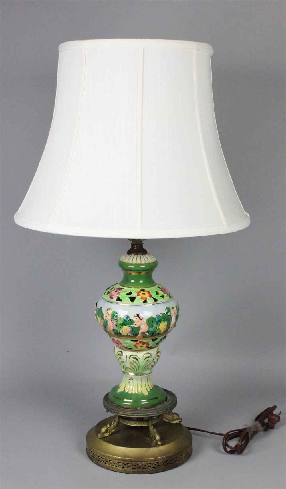 Appraisal: CAPODIMONTE STYLE CERAMIC TABLE LAMP WITH WHITE SHADE baluster shape