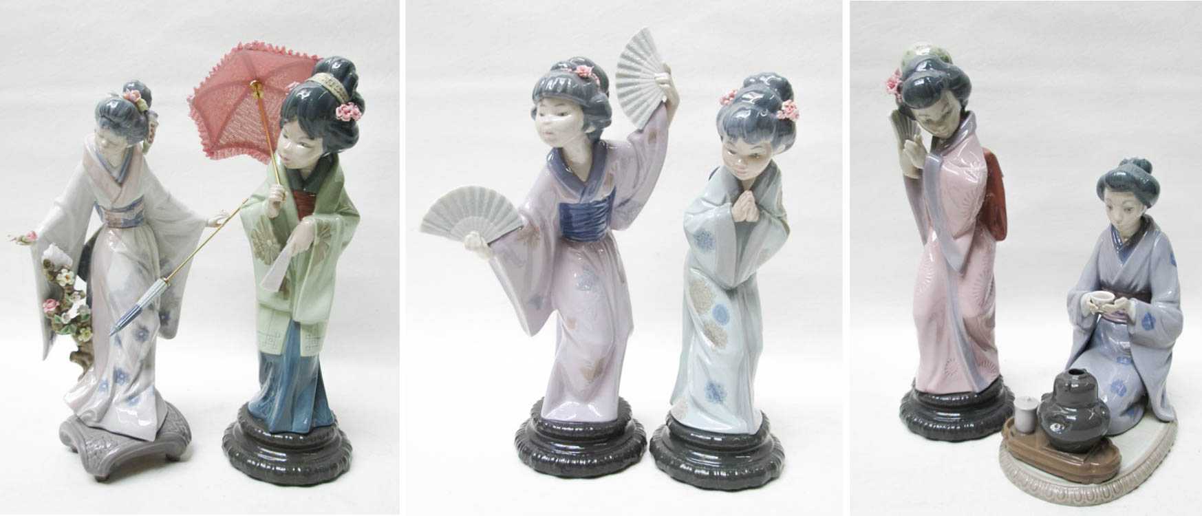 Appraisal: SIX LLADRO PORCELAIN SCULPTURES Japanese Girl Serving Tea sculptor Vicente