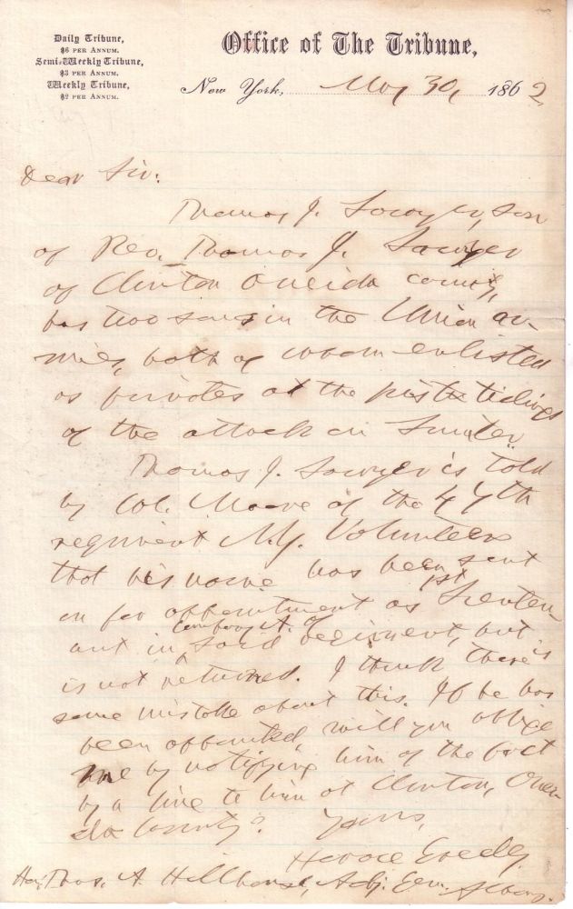 Appraisal: CIVIL WAR GREELEY HORACE Autograph Letter Signed to Thomas A