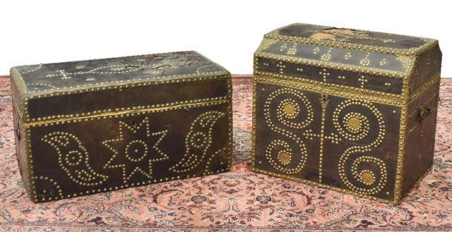 Appraisal: lot of Leather-clad trunks with decorative brass tack designs iron