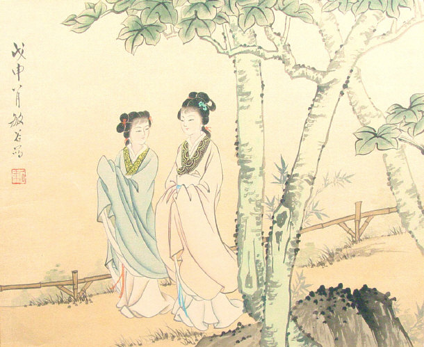 Appraisal: Two oriental paintings onto silk of robed women amongst gardens