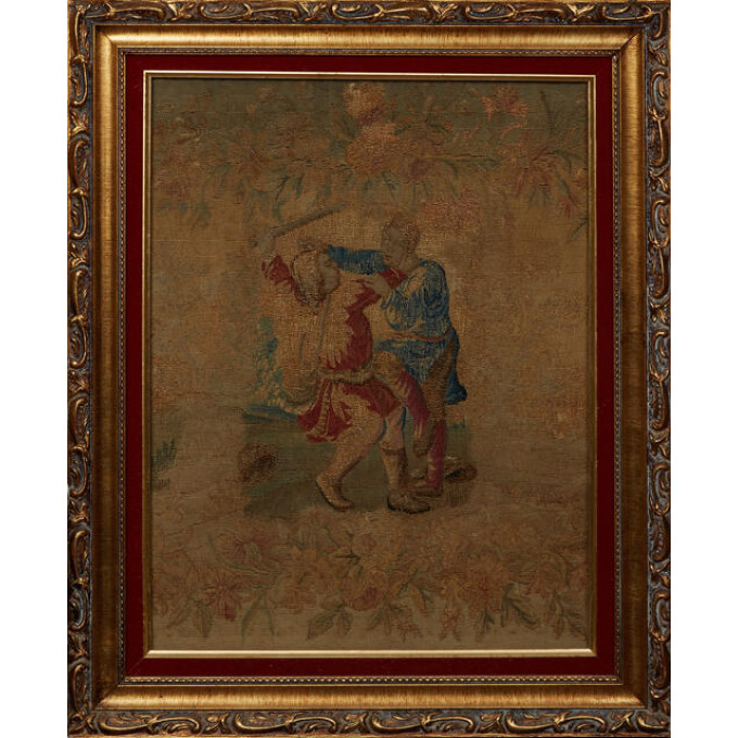 Appraisal: Continental School Sword Fight th c tapestry unsigned presented in