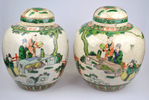 Appraisal: A pair of Chinese famille vert ovoid vases decorated with