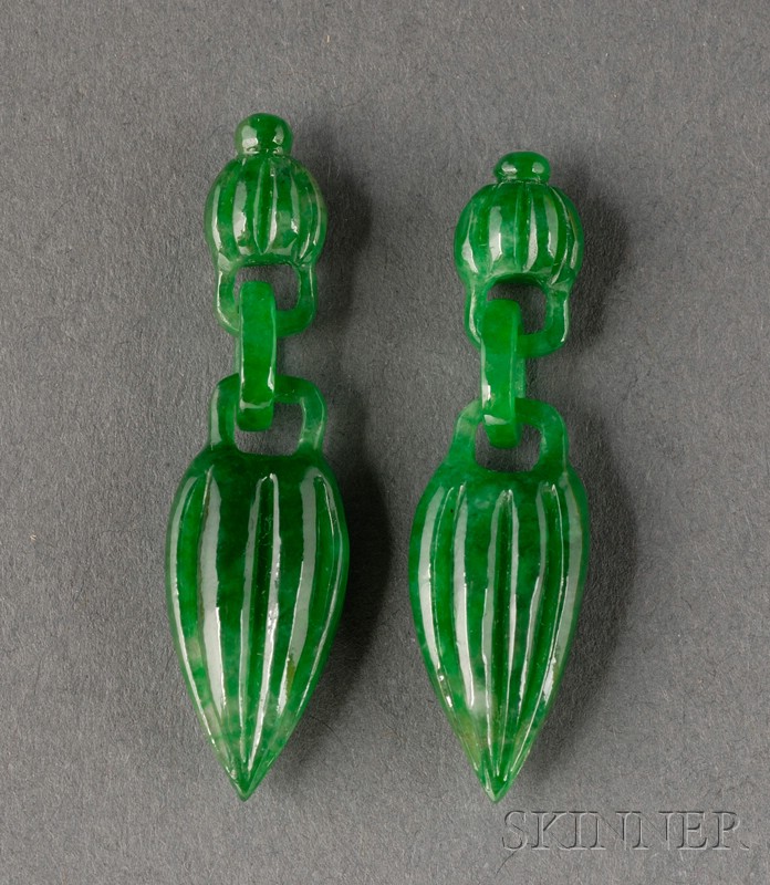 Appraisal: Pair of Jade Drops th century emerald green three sections