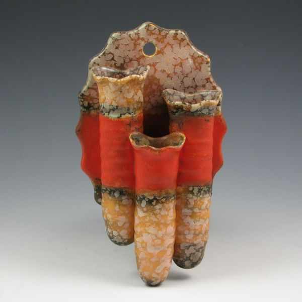 Appraisal: Czechoslovakia art pottery triple wall pocket with mottled orange brown