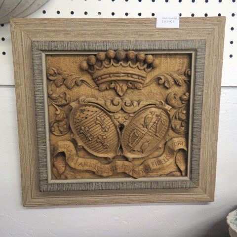 Appraisal: Carved Oak Plaque with Crest French Irish Symbols in medallions