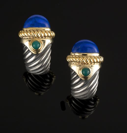 Appraisal: Pair of David Yurman Fourteen-Karat Yellow Gold Sterling Lapis Lazuli